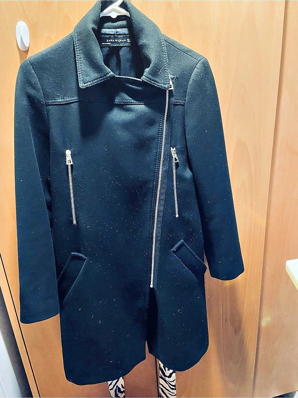 Zara Women's Black Asymmetrical w/ Silver Zipper Wool Coat Size Small